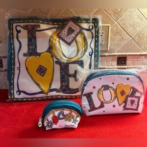 Brighton NWT Charmed Love Canvas Tote And Charmed Love Cosmetic Bags (S & L) Set